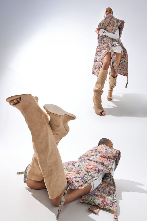 AZALEA WANG VINCENT NUDE FAUX SUEDE OPEN TOE BOOT